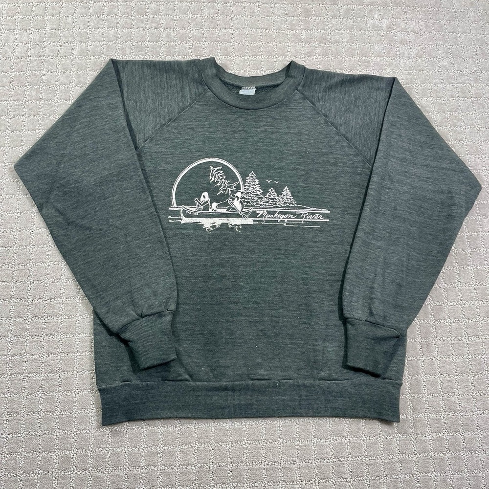 True Vintage 70s Muskegon River Michigan HealthKnit‎ Sz Small Canoe Sweatshirt
